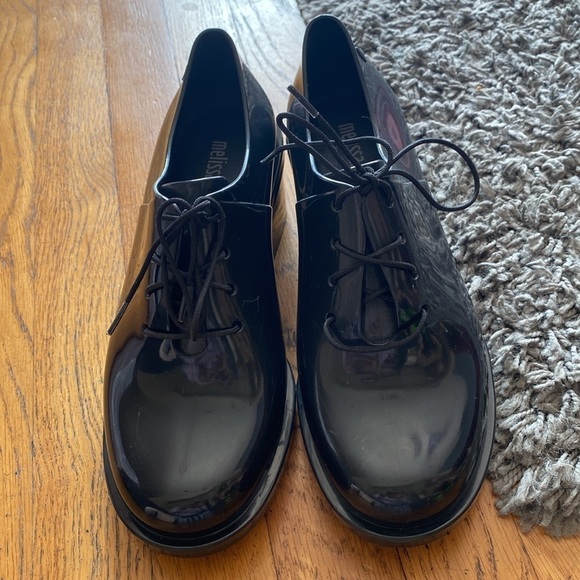 Melissa Black Rubber Stacked Block Heel Oxford Jelly Shoes Size 6 - Picture 12 of 14